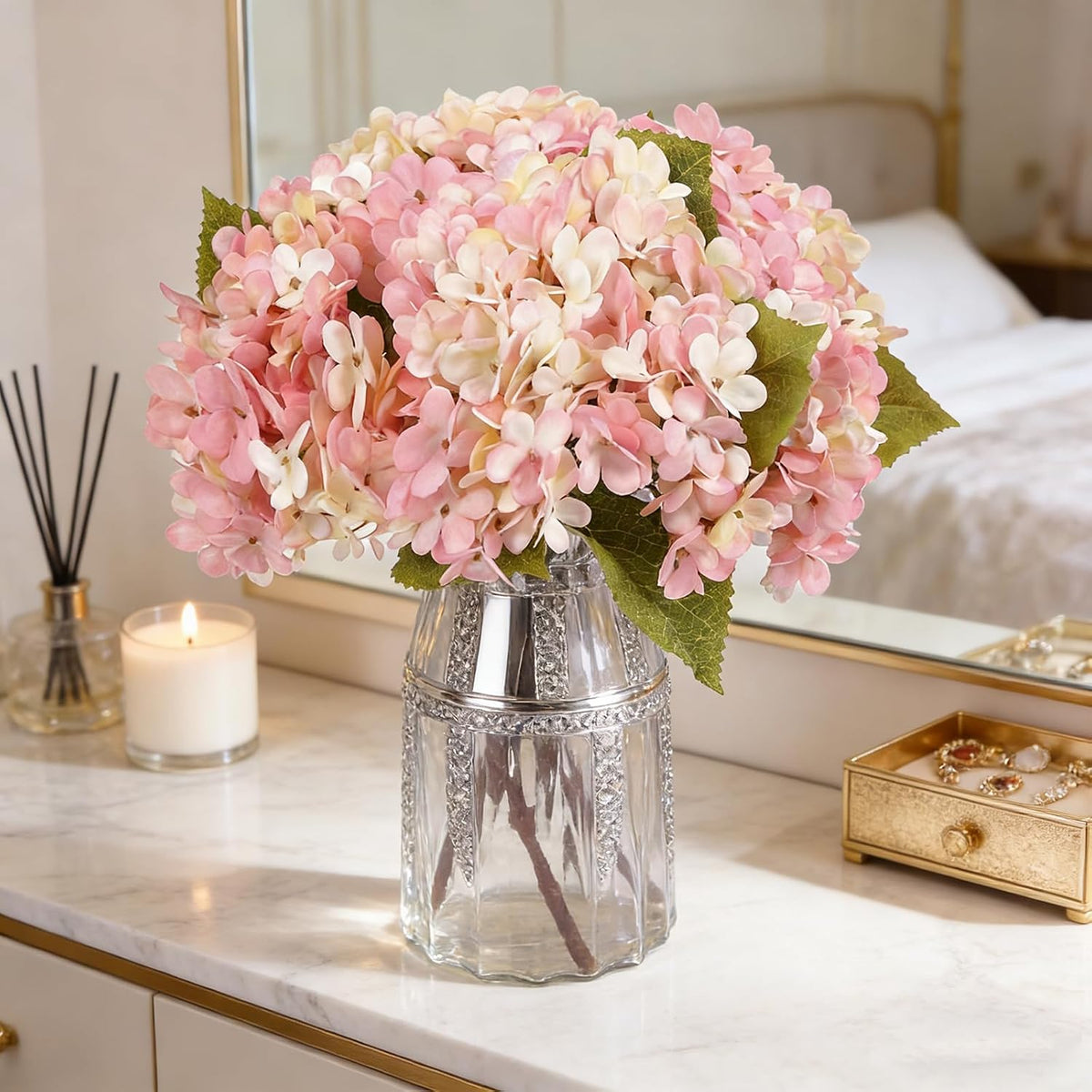 Kimura's Cabin 6pcs Artificial Silk Hydrangea Flowers Vintage Fake Bouquets Faux Hydrangeas Flower with Stems for Wedding Party Autumn Farmhouse Home Table Core Decoration (Deep Lake Blue)
