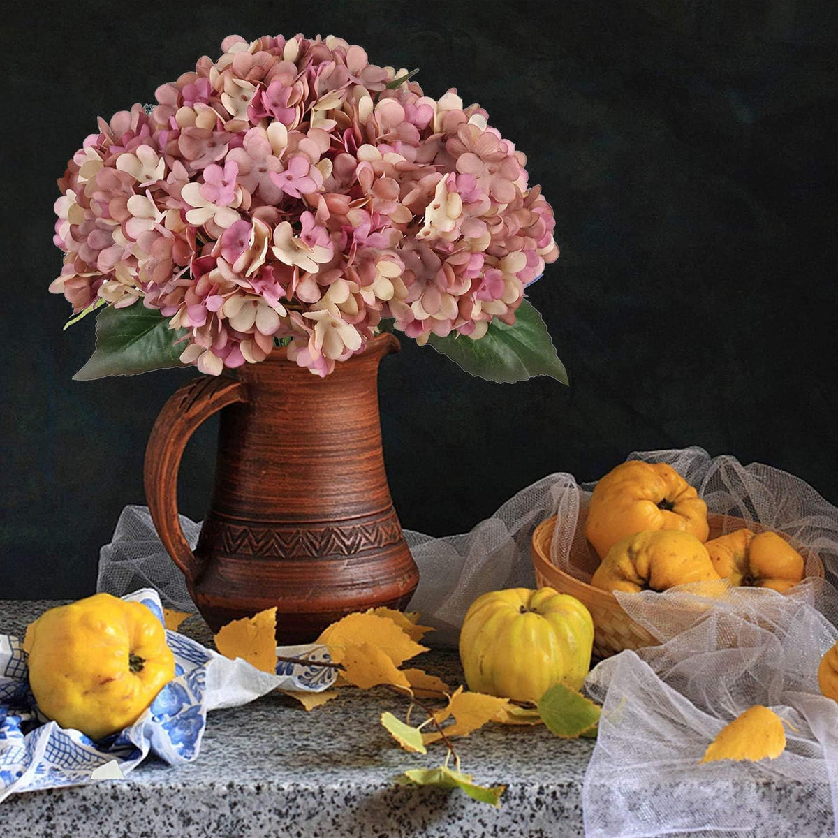 Kimura's Cabin 6pcs Artificial Silk Hydrangea Flowers Vintage Fake Bouquets Faux Hydrangeas Flower with Stems for Wedding Party Autumn Farmhouse Home Table Core Decoration (Deep Lake Blue)