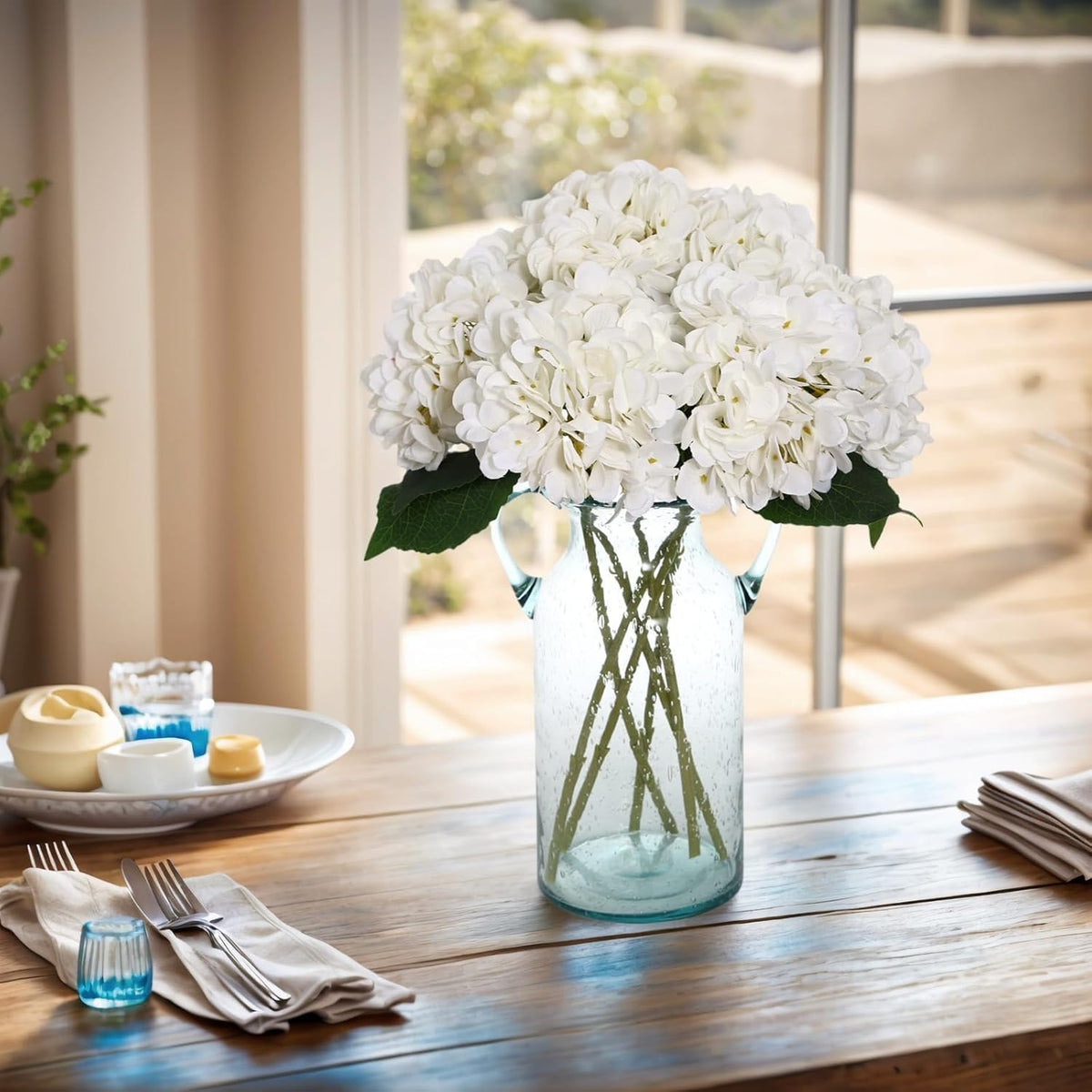 Kimura's Cabin 6pcs Artificial Silk Hydrangea Flowers Vintage Fake Bouquets Faux Hydrangeas Flower with Stems for Wedding Party Autumn Farmhouse Home Table Core Decoration (Deep Lake Blue)