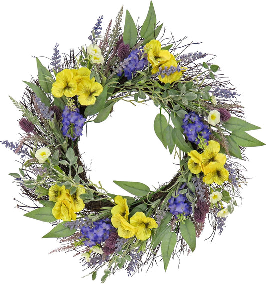 22 inch Artificial Spring Wreath with Pansy Blooms, Lavender, and Assorted Blossoms, Realistic Floral Decoration for Front Door or Indoor Décor