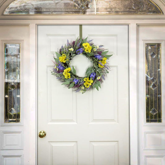 22 inch Artificial Spring Wreath with Pansy Blooms, Lavender, and Assorted Blossoms, Realistic Floral Decoration for Front Door or Indoor Décor