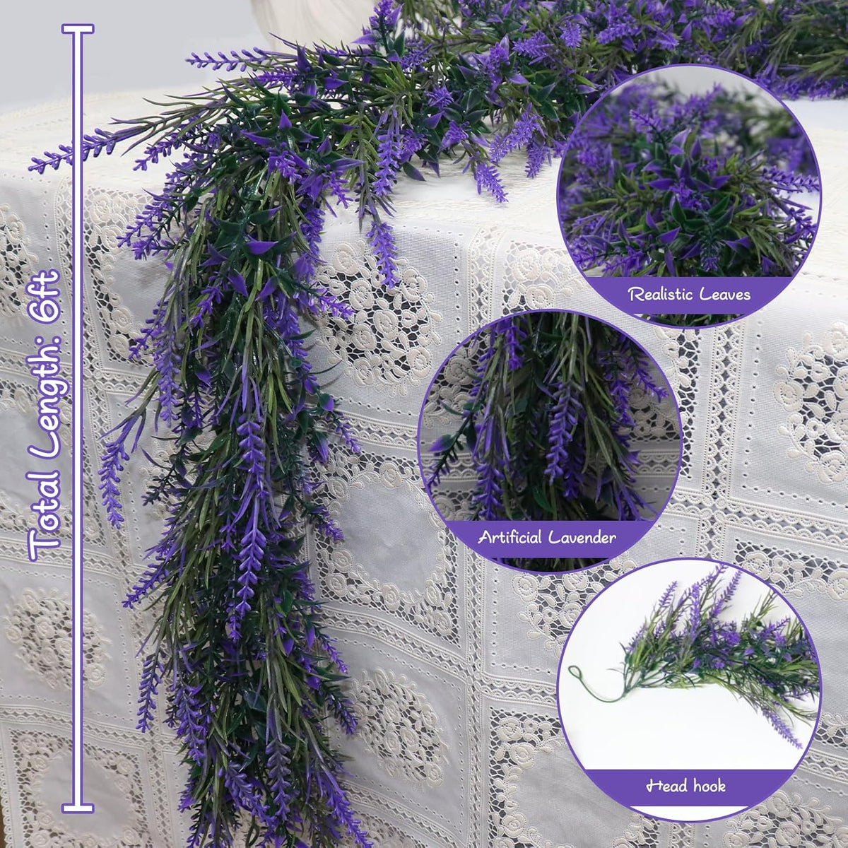 Spring Summer Lavender Purple Garland, 6Ft Lavender Artificial Green Garland, Fake Silver LavenderLeaves Vines for Wedding Mantle Party Arch Porch Stair Table Door Home Decor (Light Purple)