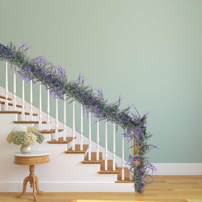 Spring Summer Lavender Purple Garland, 6Ft Lavender Artificial Green Garland, Fake Silver LavenderLeaves Vines for Wedding Mantle Party Arch Porch Stair Table Door Home Decor (Light Purple)