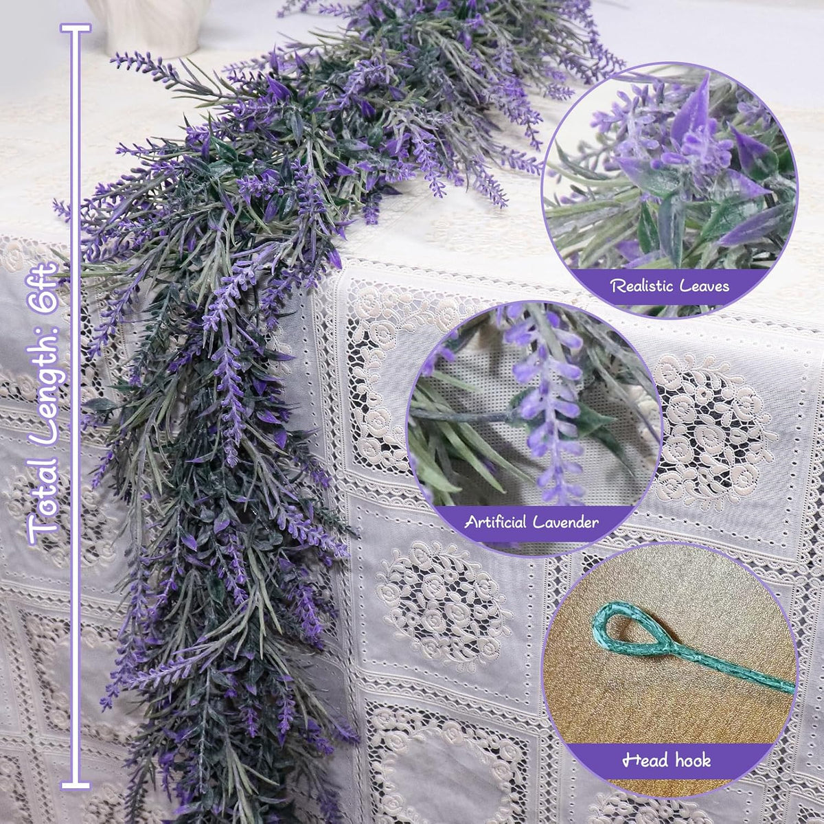 Spring Summer Lavender Purple Garland, 6Ft Lavender Artificial Green Garland, Fake Silver LavenderLeaves Vines for Wedding Mantle Party Arch Porch Stair Table Door Home Decor (Light Purple)