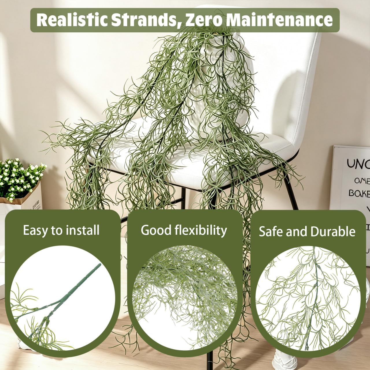 BESTOYARD 36-Inch Realistic Artificial Spanish Moss, Large Faux Hanging Plant Vine for Indoor Home Decor, Terrarium, Wreath & DIY Crafts