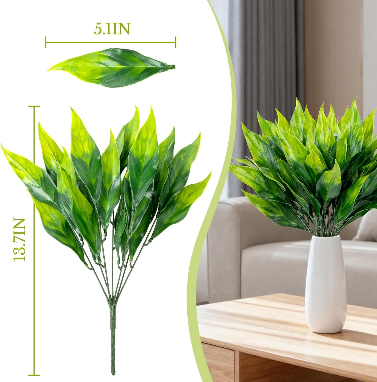 4PCS Artificial Greenery Stems - 13.7" Lucky Bamboo Leaves | Lifelike Faux Greenery for Vase, Centerpiece, Shelf, Garden & Office Decor, Realistic Leaves for Home Holiday Decoration