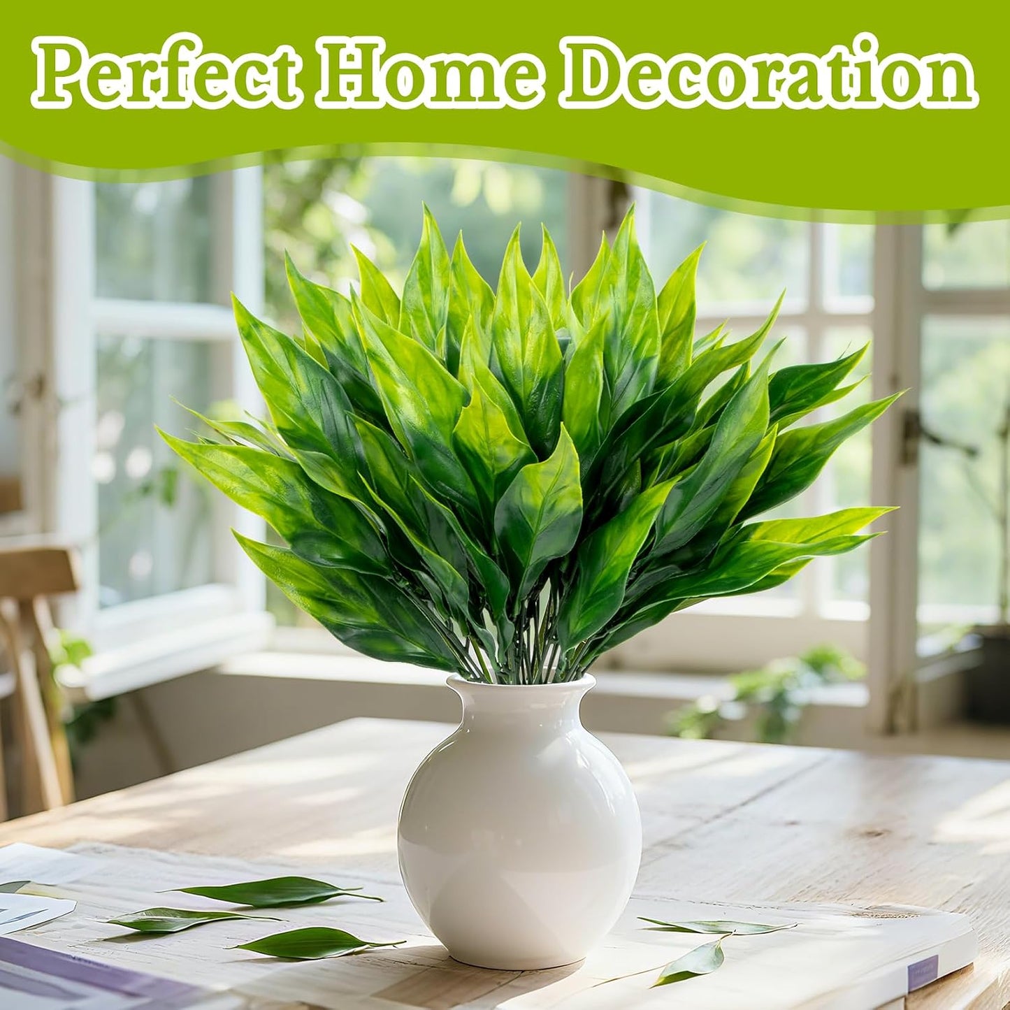 4PCS Artificial Greenery Stems - 13.7" Lucky Bamboo Leaves | Lifelike Faux Greenery for Vase, Centerpiece, Shelf, Garden & Office Decor, Realistic Leaves for Home Holiday Decoration
