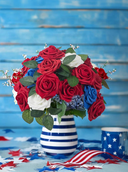 Artificial Flowers, 50 Pcs Dark Red Foam Fake Roses Bulk with Stems for Mother's Gift Decoration Celebration DIY Wedding Bouquets Centerpieces Bridal Shower Party Christmas Tree
