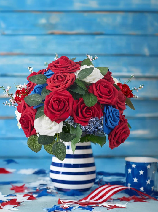 Artificial Flowers, 50 Pcs Dark Red Foam Fake Roses Bulk with Stems for Mother's Gift Decoration Celebration DIY Wedding Bouquets Centerpieces Bridal Shower Party Christmas Tree