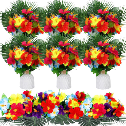 36 Pcs Hawaiian Flower Centerpieces for Tables with Artificial Hibiscus Flowers and Artificial Palm Leaves Hawaiian Party Decorations Fake Tropical Flowers for Wedding Birthday Supplies