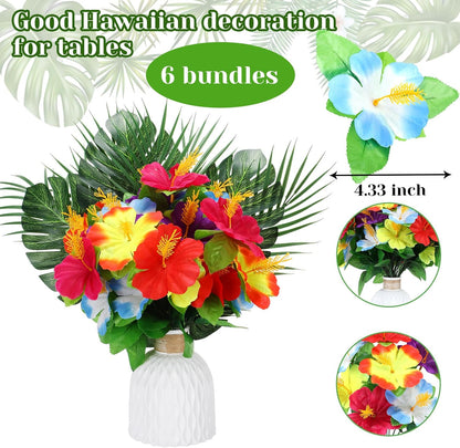 36 Pcs Hawaiian Flower Centerpieces for Tables with Artificial Hibiscus Flowers and Artificial Palm Leaves Hawaiian Party Decorations Fake Tropical Flowers for Wedding Birthday Supplies