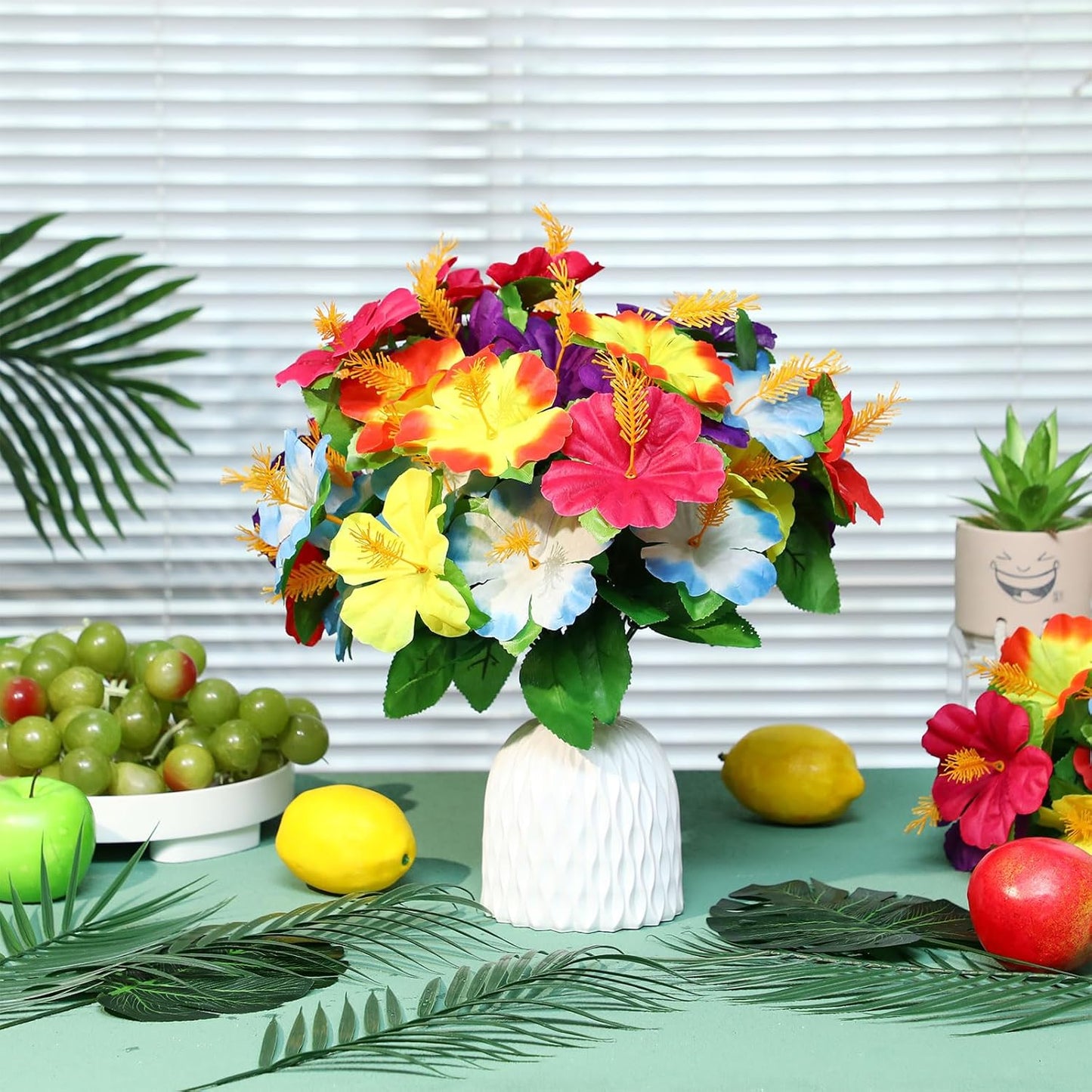 36 Pcs Hawaiian Flower Centerpieces for Tables with Artificial Hibiscus Flowers and Artificial Palm Leaves Hawaiian Party Decorations Fake Tropical Flowers for Wedding Birthday Supplies