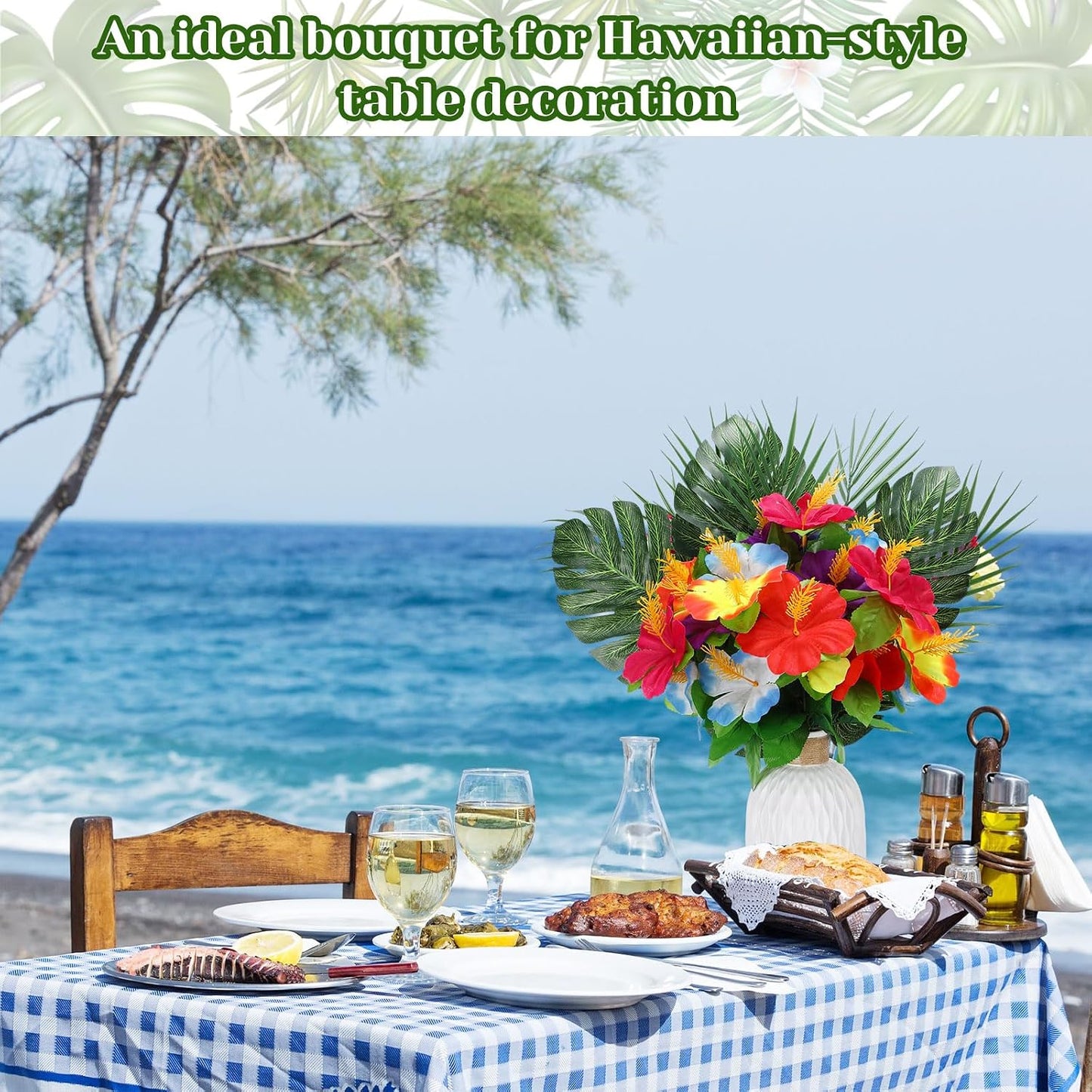 36 Pcs Hawaiian Flower Centerpieces for Tables with Artificial Hibiscus Flowers and Artificial Palm Leaves Hawaiian Party Decorations Fake Tropical Flowers for Wedding Birthday Supplies