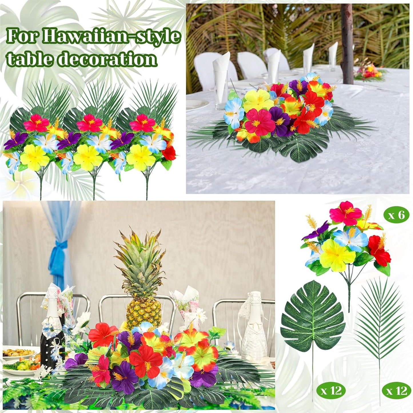 36 Pcs Hawaiian Flower Centerpieces for Tables with Artificial Hibiscus Flowers and Artificial Palm Leaves Hawaiian Party Decorations Fake Tropical Flowers for Wedding Birthday Supplies