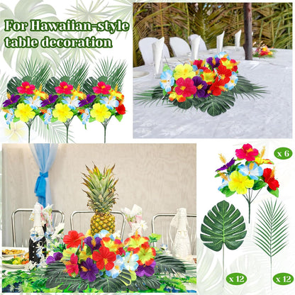 36 Pcs Hawaiian Flower Centerpieces for Tables with Artificial Hibiscus Flowers and Artificial Palm Leaves Hawaiian Party Decorations Fake Tropical Flowers for Wedding Birthday Supplies