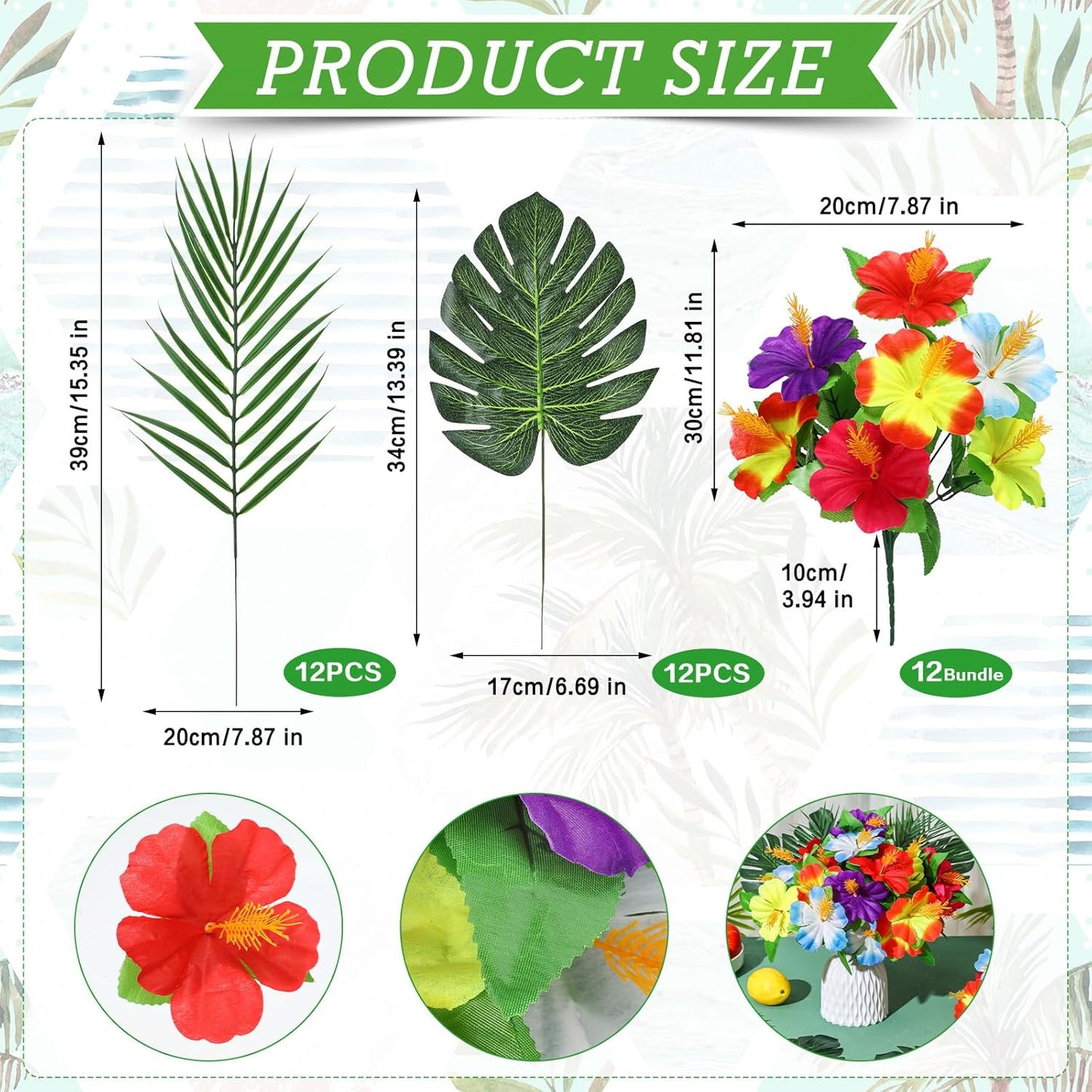 36 Pcs Hawaiian Flower Centerpieces for Tables with Artificial Hibiscus Flowers and Artificial Palm Leaves Hawaiian Party Decorations Fake Tropical Flowers for Wedding Birthday Supplies