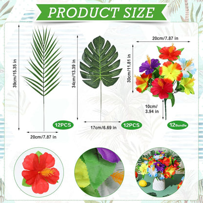 36 Pcs Hawaiian Flower Centerpieces for Tables with Artificial Hibiscus Flowers and Artificial Palm Leaves Hawaiian Party Decorations Fake Tropical Flowers for Wedding Birthday Supplies