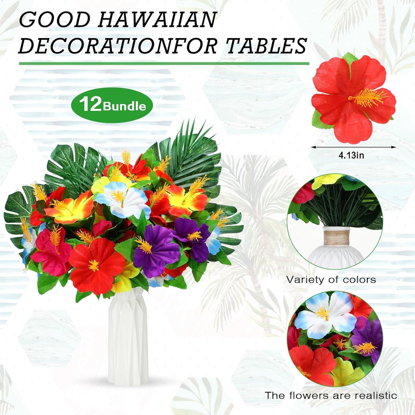 36 Pcs Hawaiian Flower Centerpieces for Tables with Artificial Hibiscus Flowers and Artificial Palm Leaves Hawaiian Party Decorations Fake Tropical Flowers for Wedding Birthday Supplies