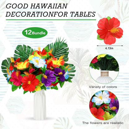 36 Pcs Hawaiian Flower Centerpieces for Tables with Artificial Hibiscus Flowers and Artificial Palm Leaves Hawaiian Party Decorations Fake Tropical Flowers for Wedding Birthday Supplies