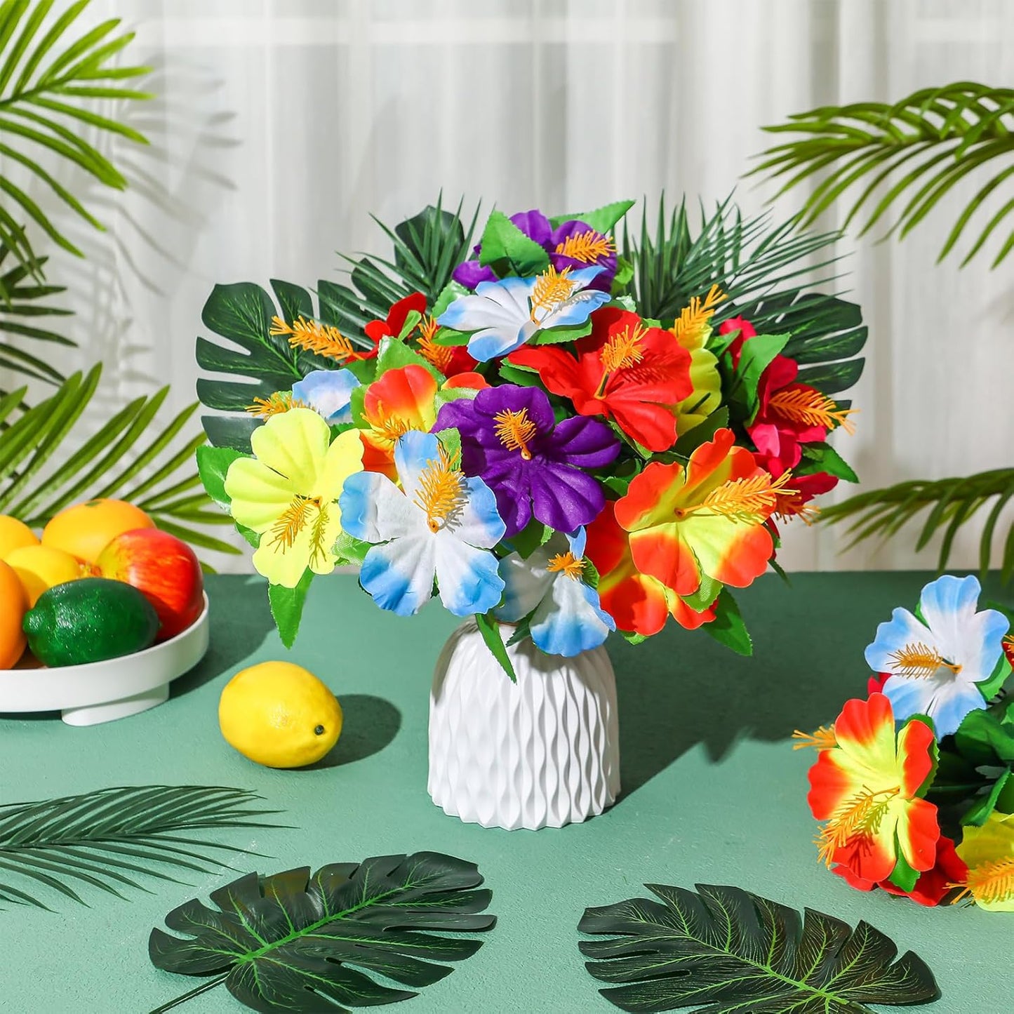 36 Pcs Hawaiian Flower Centerpieces for Tables with Artificial Hibiscus Flowers and Artificial Palm Leaves Hawaiian Party Decorations Fake Tropical Flowers for Wedding Birthday Supplies