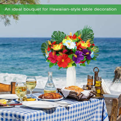 36 Pcs Hawaiian Flower Centerpieces for Tables with Artificial Hibiscus Flowers and Artificial Palm Leaves Hawaiian Party Decorations Fake Tropical Flowers for Wedding Birthday Supplies