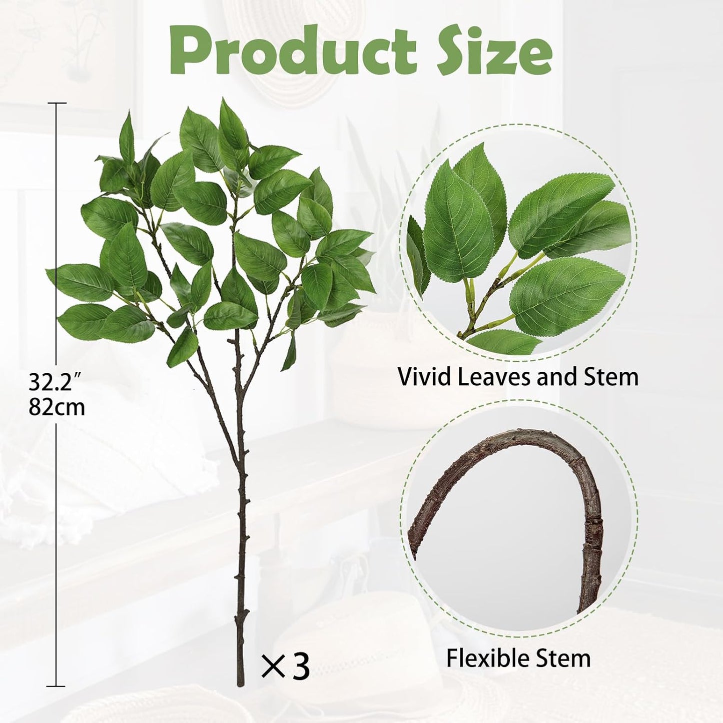 Artificial Camellia Leaf Stems 3PCS Faux Greenery Stems and 32.2” Branches for Vase Fake Leaves Silk Plant for Floor Vase Home Office Wedding Table Centerpiece Indoor Farmhouse Decor