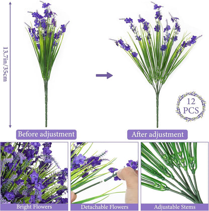 12 Bundles Artificial Lavender Flowers for Outdoors UV Resistant