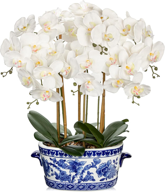 Orchid Artificial Flowers in Blue and White Porcelain Pot 19.7" White Faux Silk Orchid Arrangement Large Fake Orchid Floral Centerpiece for Elegant Home Office Living Room Kitchen Table Decor