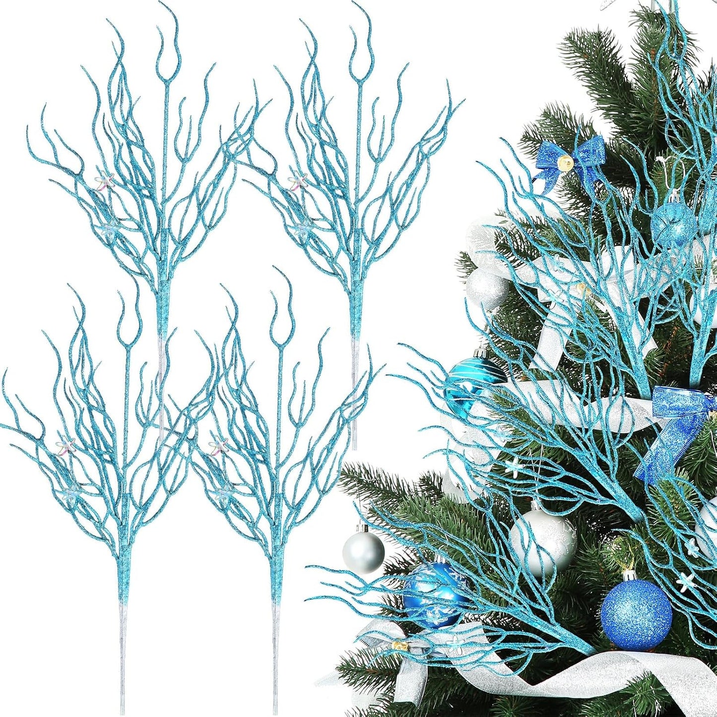 8 Pcs Blue White Coastal Christmas in July Decorations Artificial 15.7inch Artificial Flowers Glitter Coastal Ornaments for Christmas Tree Ocean Beach Coral Nautical Stem Filler for Vase