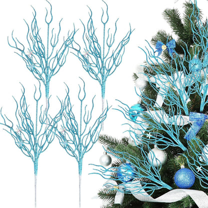 8 Pcs Blue White Coastal Christmas in July Decorations Artificial 15.7inch Artificial Flowers Glitter Coastal Ornaments for Christmas Tree Ocean Beach Coral Nautical Stem Filler for Vase