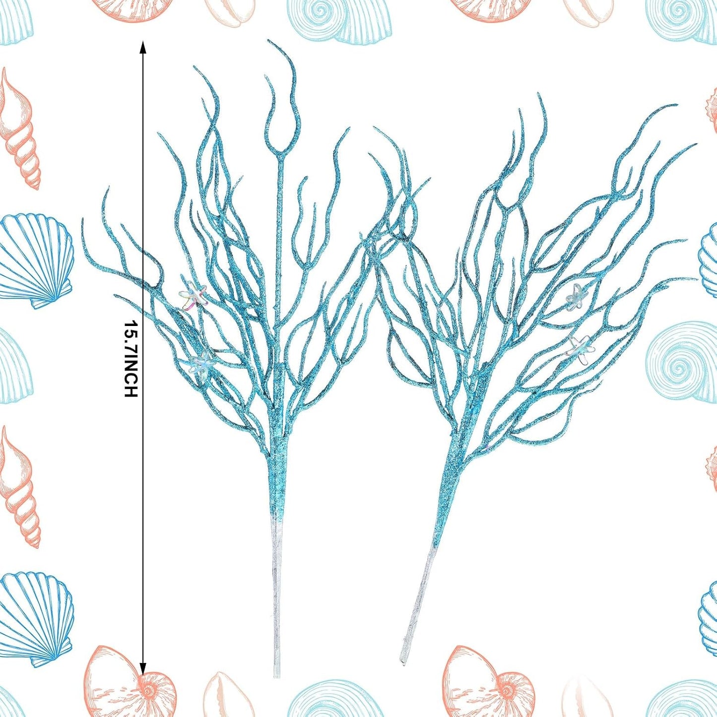 8 Pcs Blue White Coastal Christmas in July Decorations Artificial 15.7inch Artificial Flowers Glitter Coastal Ornaments for Christmas Tree Ocean Beach Coral Nautical Stem Filler for Vase