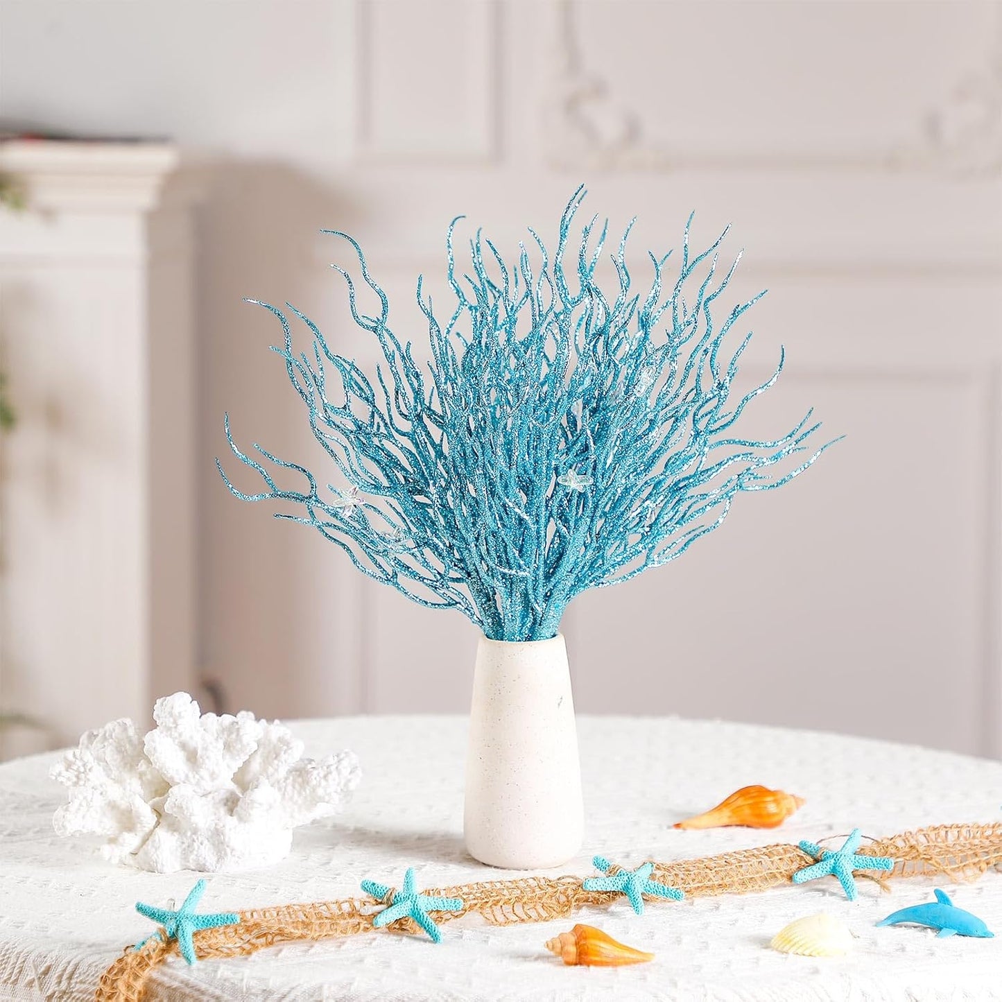 8 Pcs Blue White Coastal Christmas in July Decorations Artificial 15.7inch Artificial Flowers Glitter Coastal Ornaments for Christmas Tree Ocean Beach Coral Nautical Stem Filler for Vase