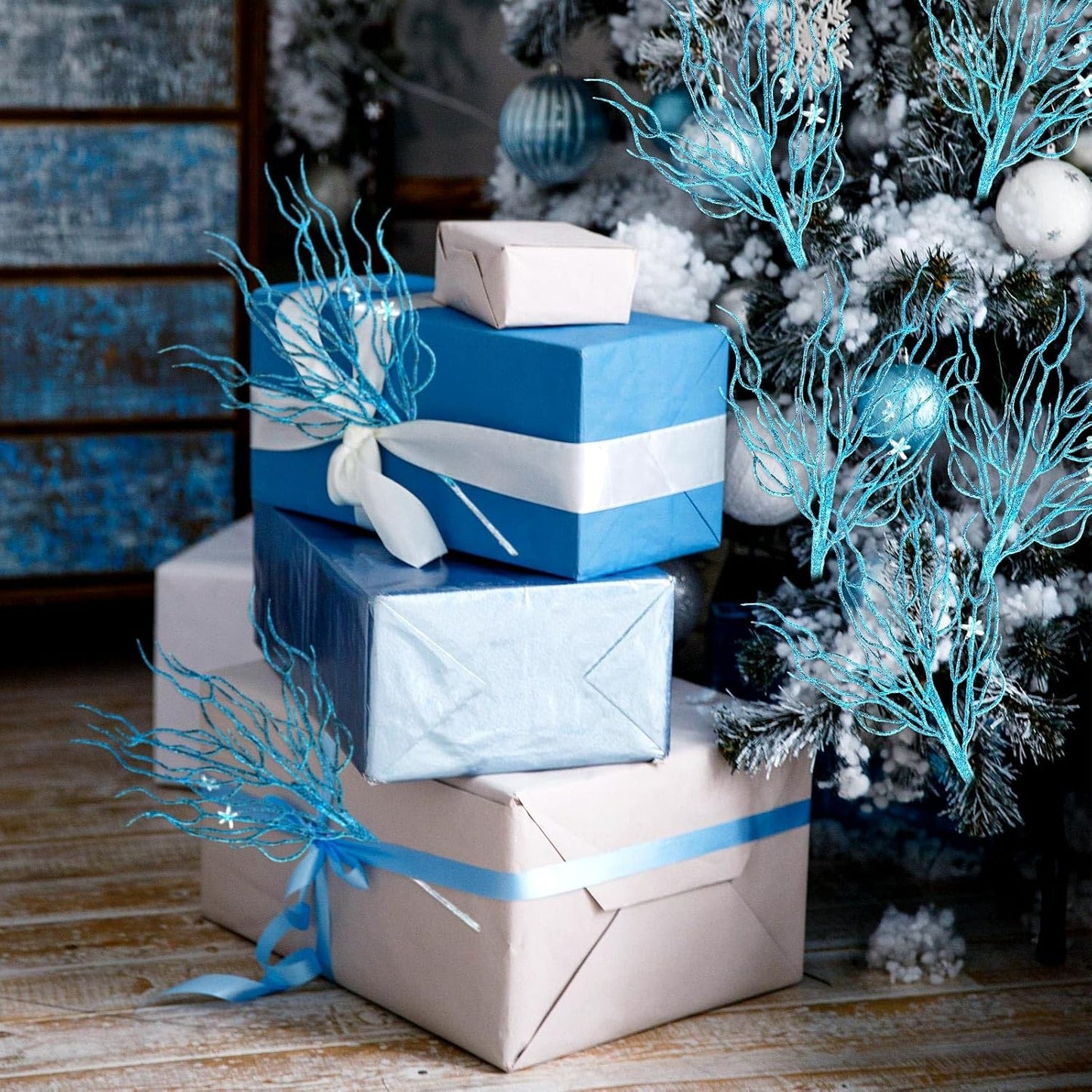 8 Pcs Blue White Coastal Christmas in July Decorations Artificial 15.7inch Artificial Flowers Glitter Coastal Ornaments for Christmas Tree Ocean Beach Coral Nautical Stem Filler for Vase