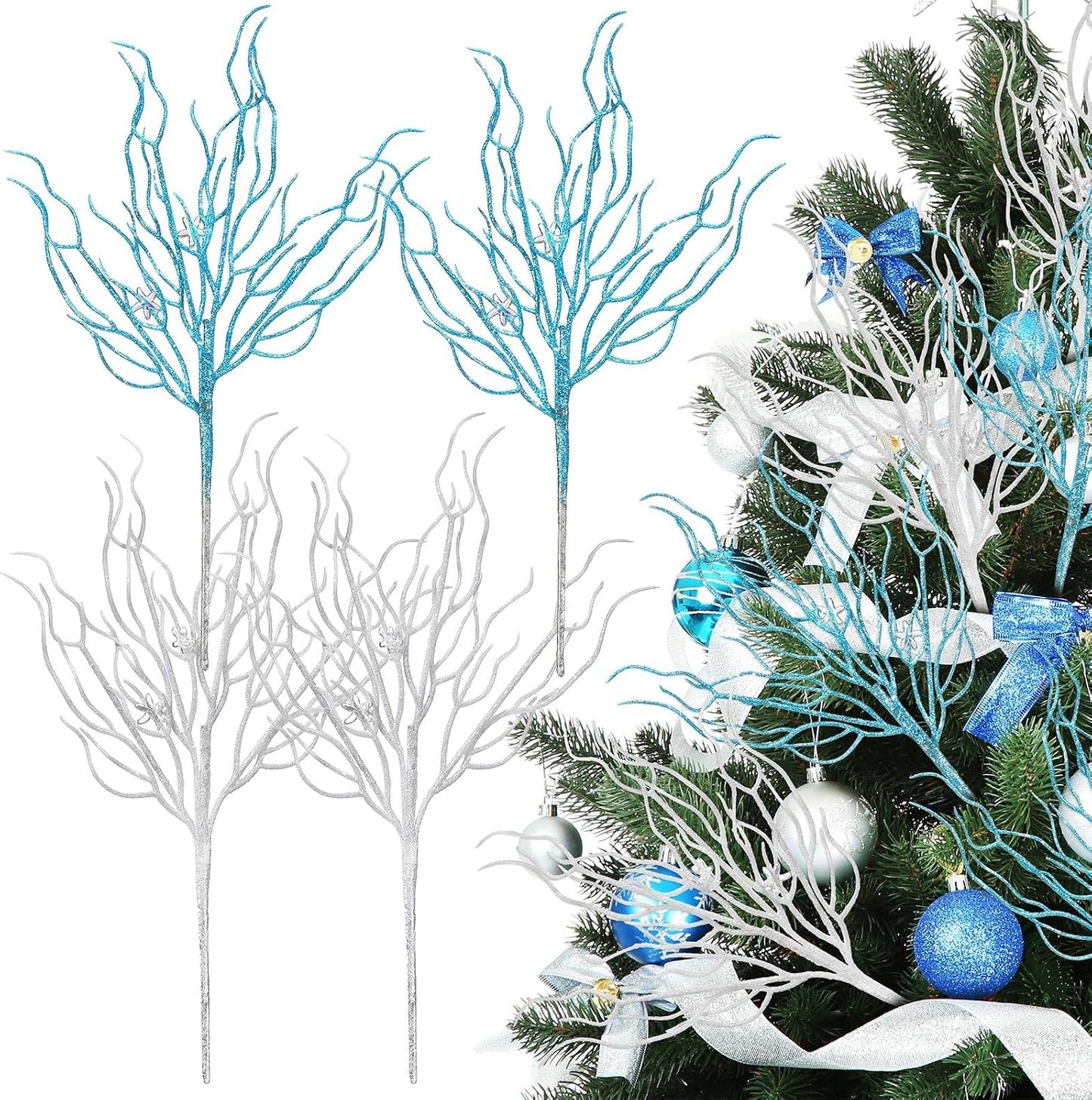 8 Pcs Blue White Coastal Christmas in July Decorations Artificial 15.7inch Artificial Flowers Glitter Coastal Ornaments for Christmas Tree Ocean Beach Coral Nautical Stem Filler for Vase