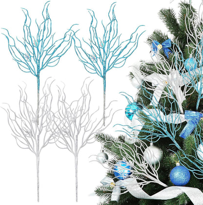 8 Pcs Blue White Coastal Christmas in July Decorations Artificial 15.7inch Artificial Flowers Glitter Coastal Ornaments for Christmas Tree Ocean Beach Coral Nautical Stem Filler for Vase
