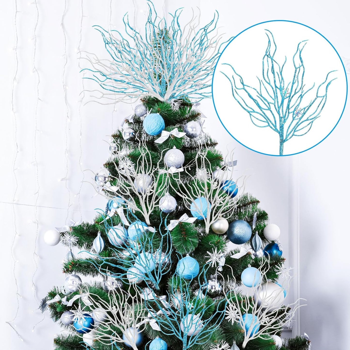 8 Pcs Blue White Coastal Christmas in July Decorations Artificial 15.7inch Artificial Flowers Glitter Coastal Ornaments for Christmas Tree Ocean Beach Coral Nautical Stem Filler for Vase
