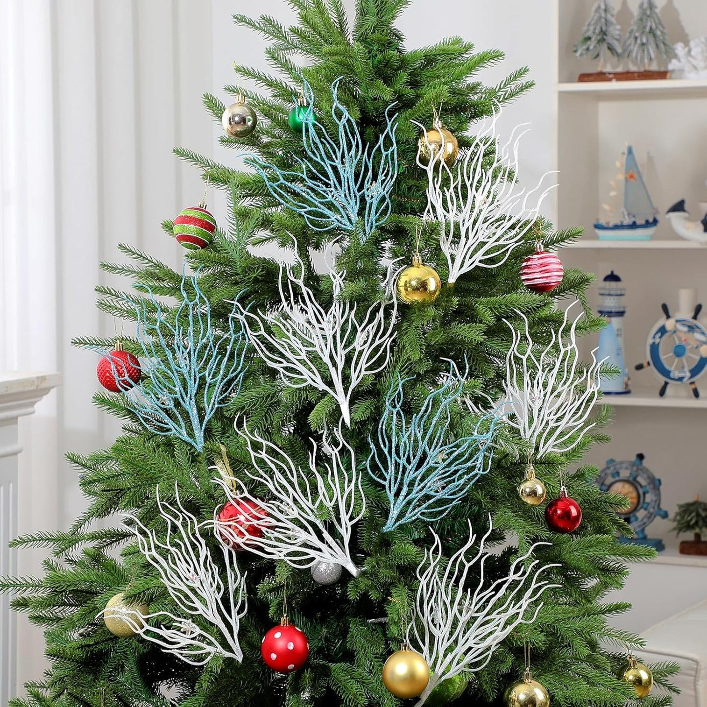 8 Pcs Blue White Coastal Christmas in July Decorations Artificial 15.7inch Artificial Flowers Glitter Coastal Ornaments for Christmas Tree Ocean Beach Coral Nautical Stem Filler for Vase