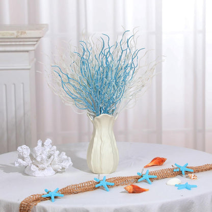 8 Pcs Blue White Coastal Christmas in July Decorations Artificial 15.7inch Artificial Flowers Glitter Coastal Ornaments for Christmas Tree Ocean Beach Coral Nautical Stem Filler for Vase