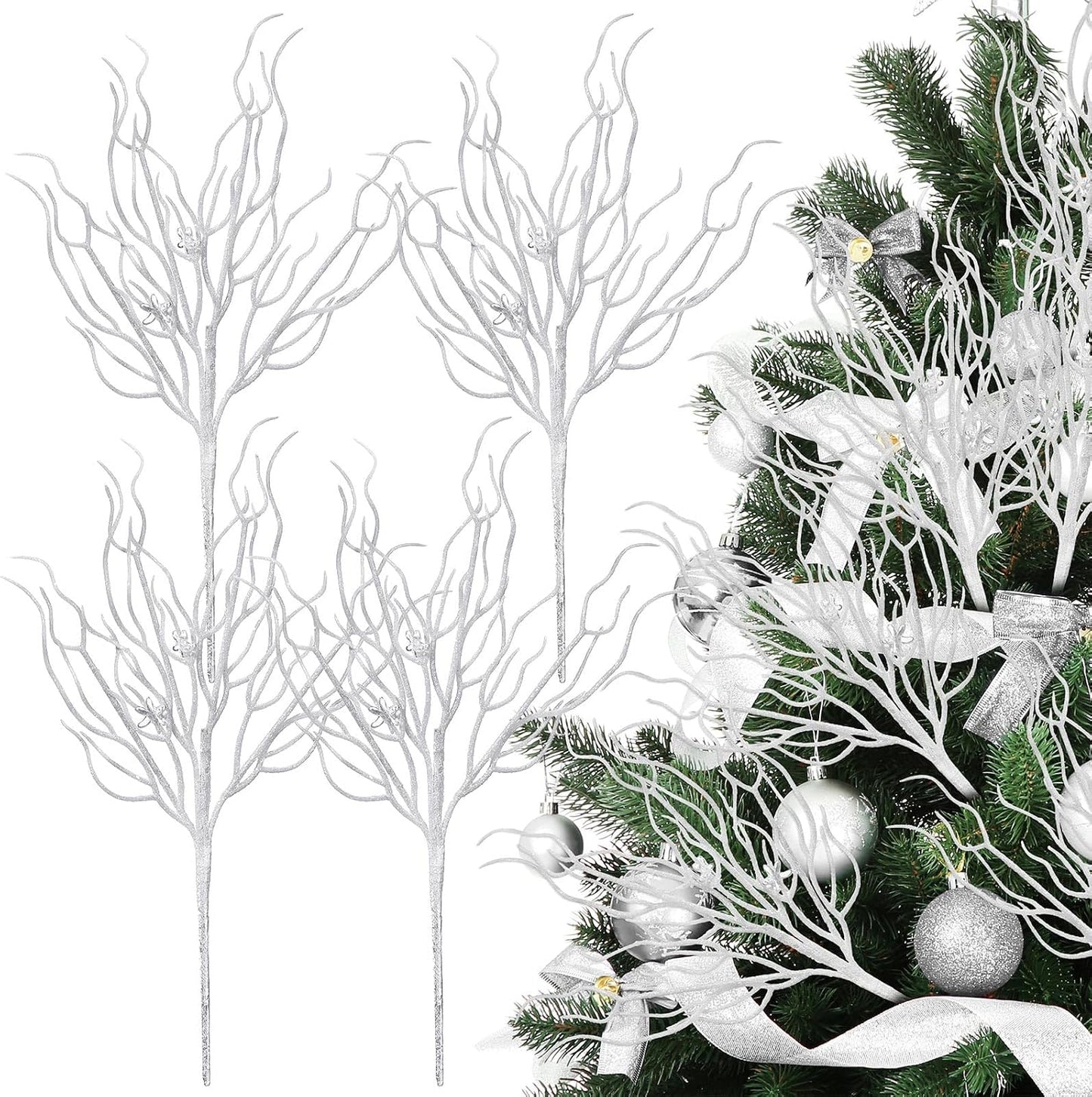 8 Pcs Blue White Coastal Christmas in July Decorations Artificial 15.7inch Artificial Flowers Glitter Coastal Ornaments for Christmas Tree Ocean Beach Coral Nautical Stem Filler for Vase