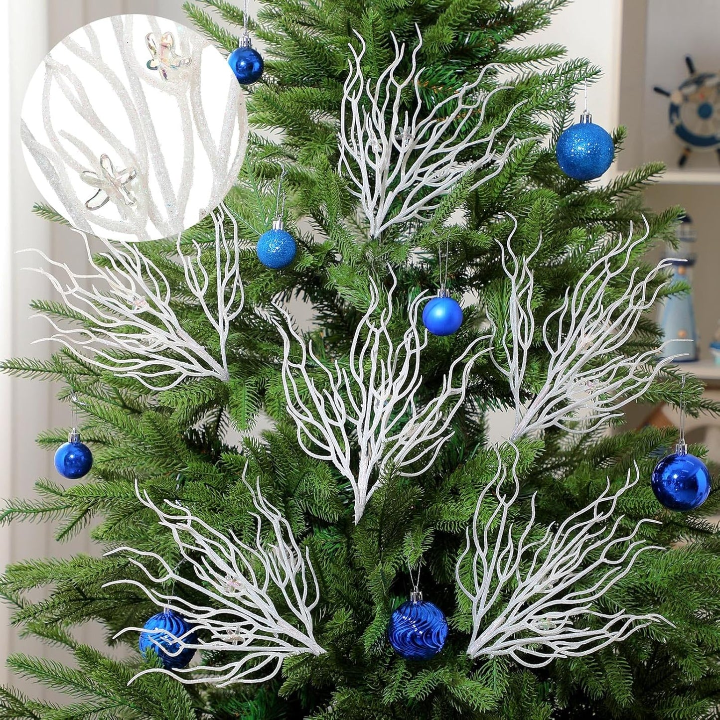 8 Pcs Blue White Coastal Christmas in July Decorations Artificial 15.7inch Artificial Flowers Glitter Coastal Ornaments for Christmas Tree Ocean Beach Coral Nautical Stem Filler for Vase