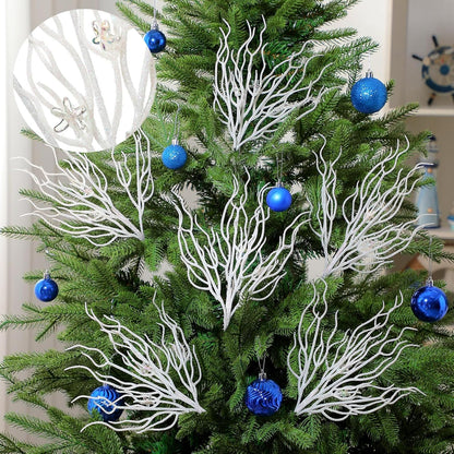 8 Pcs Blue White Coastal Christmas in July Decorations Artificial 15.7inch Artificial Flowers Glitter Coastal Ornaments for Christmas Tree Ocean Beach Coral Nautical Stem Filler for Vase