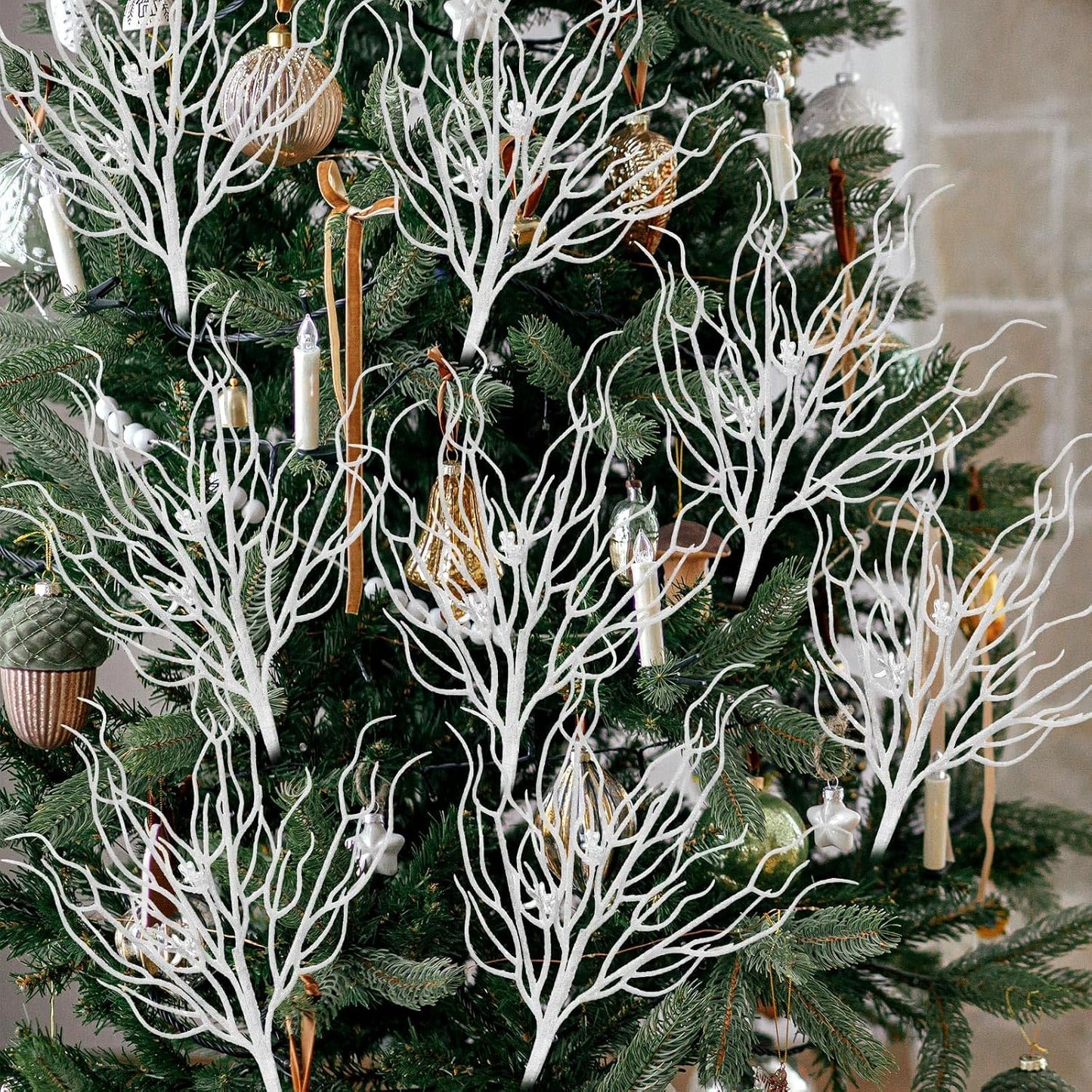 8 Pcs Blue White Coastal Christmas in July Decorations Artificial 15.7inch Artificial Flowers Glitter Coastal Ornaments for Christmas Tree Ocean Beach Coral Nautical Stem Filler for Vase