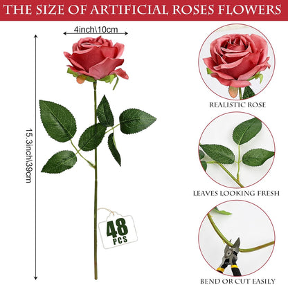 48 PCS Lilac Roses Artificial Flowers - Fake Silk Floral with Long Stems Bulk for Table Centerpieces DIY Bouquet Arrangements Wedding Party Bridal Shower Vase Decorations