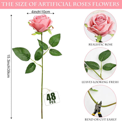 48 PCS Lilac Roses Artificial Flowers - Fake Silk Floral with Long Stems Bulk for Table Centerpieces DIY Bouquet Arrangements Wedding Party Bridal Shower Vase Decorations