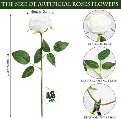 48 PCS Lilac Roses Artificial Flowers - Fake Silk Floral with Long Stems Bulk for Table Centerpieces DIY Bouquet Arrangements Wedding Party Bridal Shower Vase Decorations