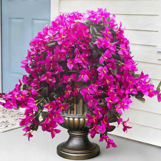 Artificial Bougainvillea Flowers Outdoor UV Resistant, 4 Pcs Fake Silk Trailing Vines Realistic Faux Hanging Plants for Porch Patio Garden (Fuchsia)