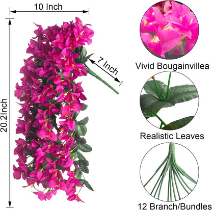 Artificial Bougainvillea Flowers Outdoor UV Resistant, 4 Pcs Fake Silk Trailing Vines Realistic Faux Hanging Plants for Porch Patio Garden (Fuchsia)