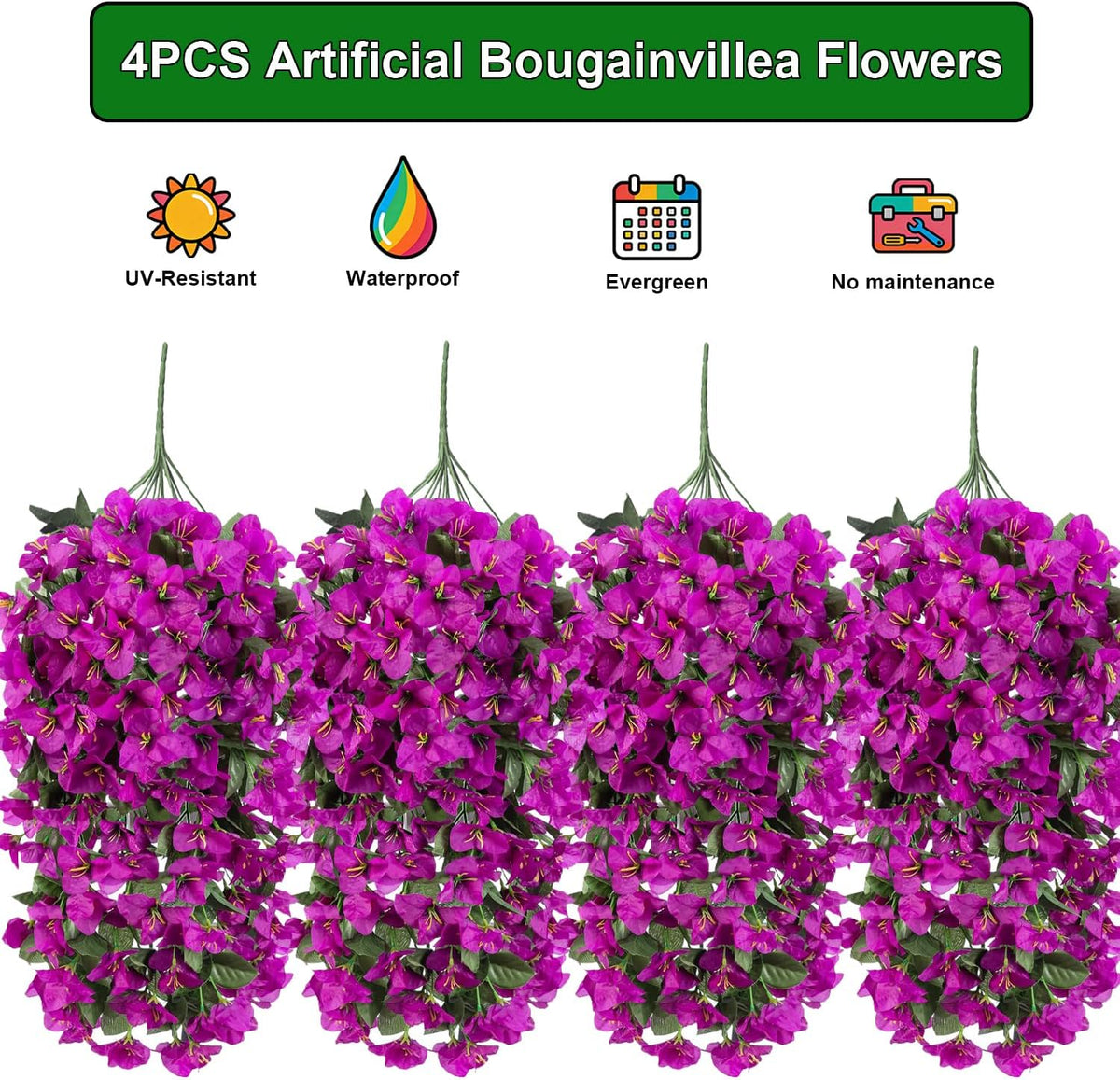 Artificial Bougainvillea Flowers Outdoor UV Resistant, 4 Pcs Fake Silk Trailing Vines Realistic Faux Hanging Plants for Porch Patio Garden (Fuchsia)