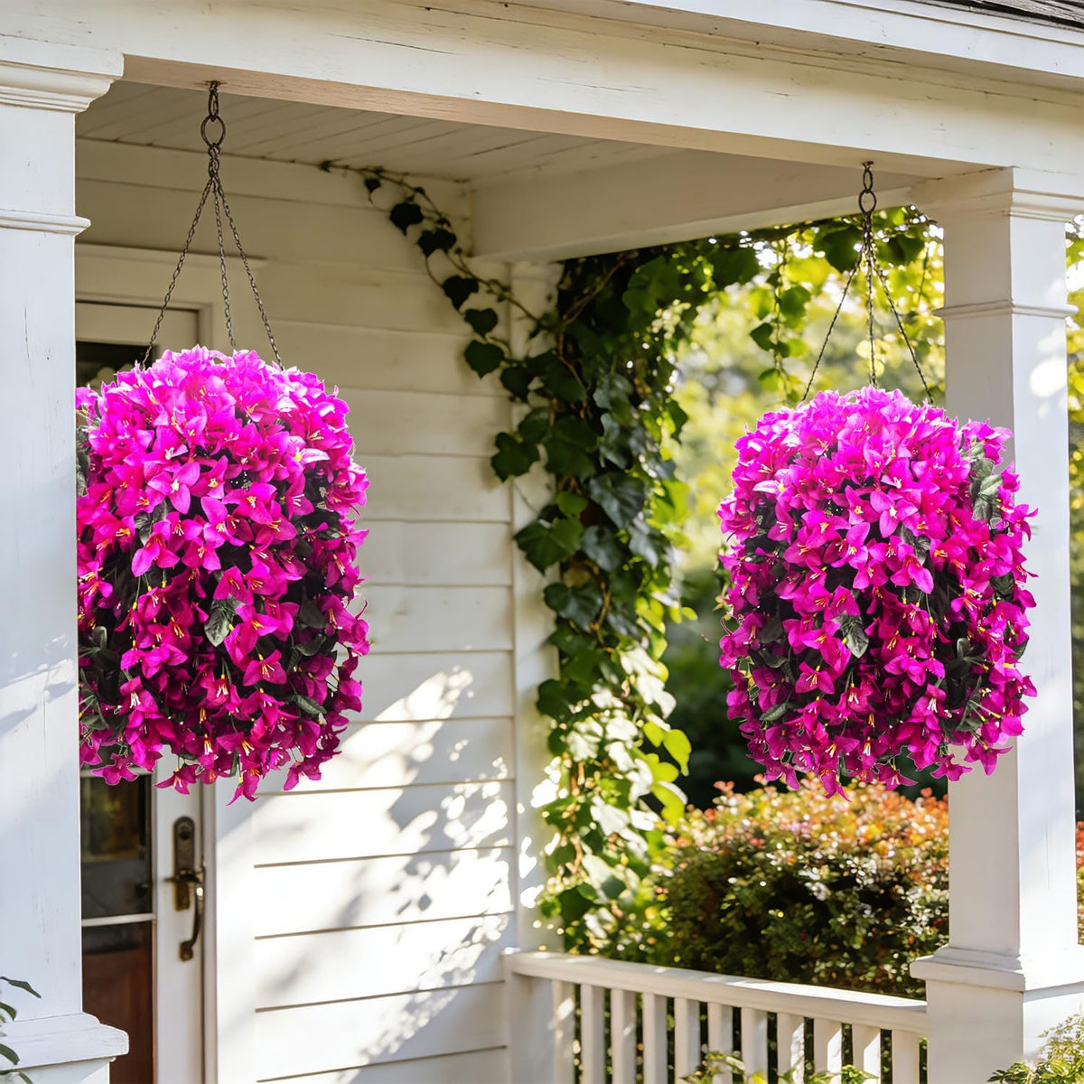 Artificial Bougainvillea Flowers Outdoor UV Resistant, 4 Pcs Fake Silk Trailing Vines Realistic Faux Hanging Plants for Porch Patio Garden (Fuchsia)