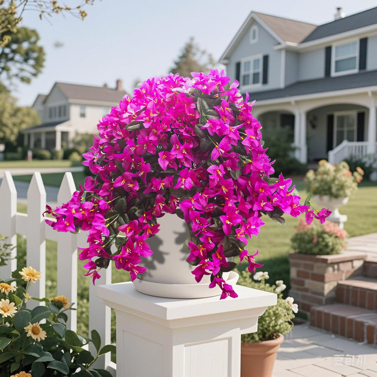 Artificial Bougainvillea Flowers Outdoor UV Resistant, 4 Pcs Fake Silk Trailing Vines Realistic Faux Hanging Plants for Porch Patio Garden (Fuchsia)